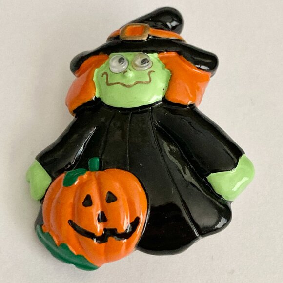 Vintage Halloween Witch Pin Brooch Pumpkin Witches Hat Black Orange Green Resin - Picture 4 of 7